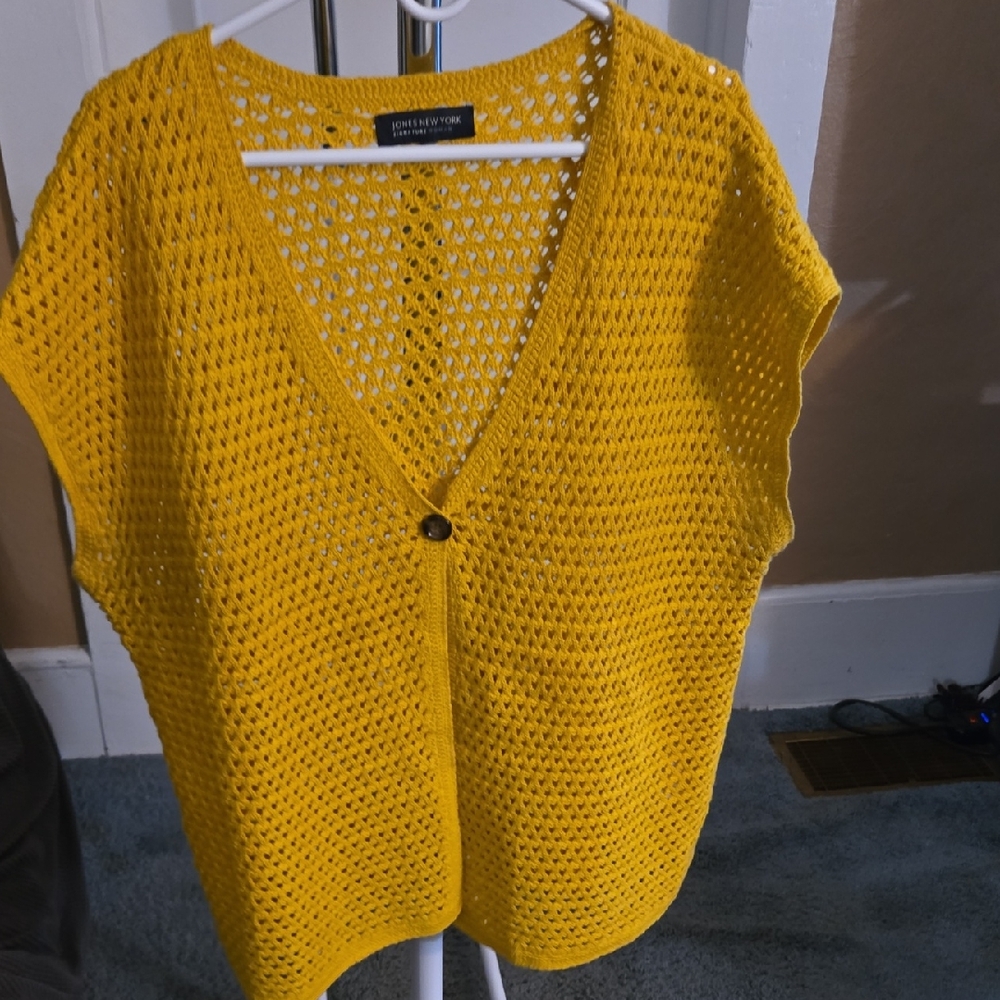Jones New York Yellow Open-Knit V-Neck Button Sweater